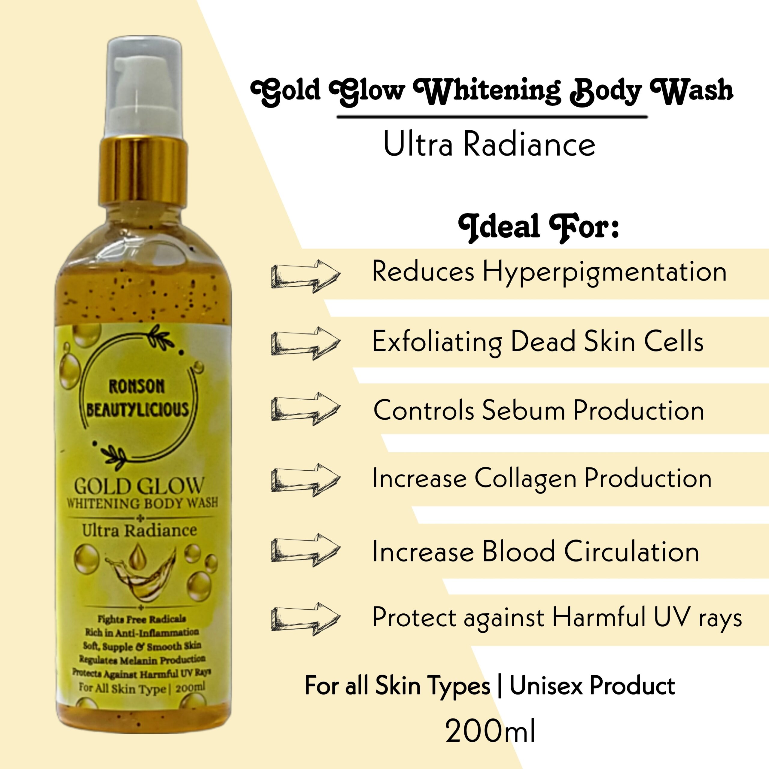 Gold Glow Whitening Body Wash Ultra Radiance Aloe Vera, Licorice, 24k Gold For all Skin